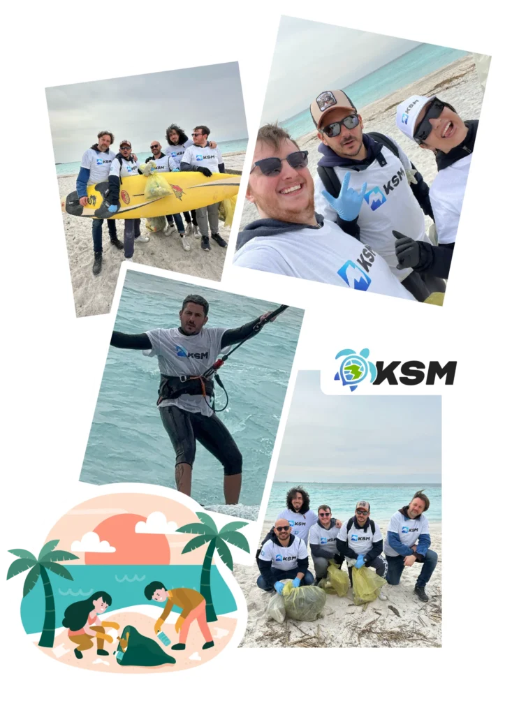 Partecipanti al beach clean up KSM impegnati nella raccolta rifiuti sulla spiaggia